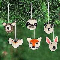 Wool felt ornaments, 'Happy Animals' (set of 6) - Hand Crafted Animal Face Wool Felt Ornaments (Set of 6)