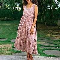 Sleeveless cotton maxi dress, 'Berry Charm' - Sleeveless Cotton Maxi Dress in Berry and Wheat