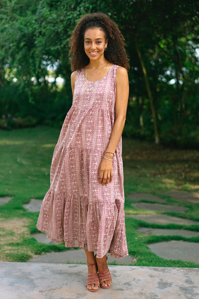 Cotton tiered sundress, 'Berry Bliss' - Sleeveless Cotton Maxi Dress in Berry and Wheat