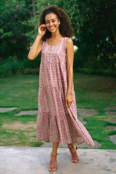 Cotton tiered sundress, 'Berry Bliss' - Sleeveless Cotton Maxi Dress in Berry and Wheat