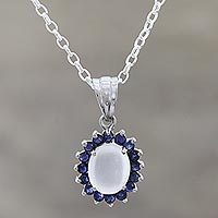 Moonstone and sapphire pendant necklace, 'Blue Happiness' - Sterling Silver Moonstone and Sapphire Pendant Necklace