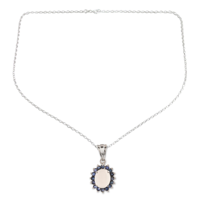 Moonstone and sapphire pendant necklace, 'Blue Happiness' - Sterling Silver Moonstone and Sapphire Pendant Necklace