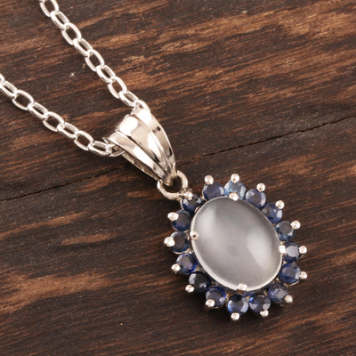 Collar con colgante de piedra lunar y zafiro - Collar con colgante de zafiro y piedra lunar de plata esterlina