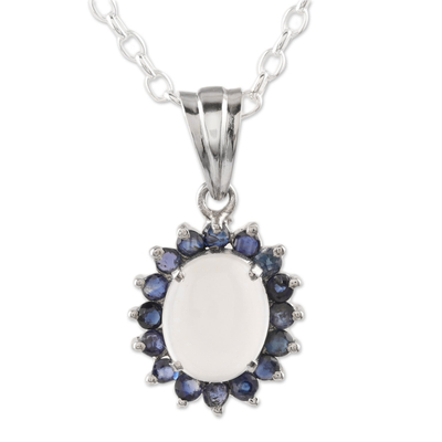 Moonstone and sapphire pendant necklace, 'Blue Happiness' - Sterling Silver Moonstone and Sapphire Pendant Necklace