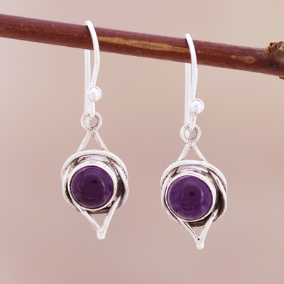 Amethyst dangle earrings, 'Intricate Twirl in Purple' - Amethyst and Sterling Silver Earrings from India
