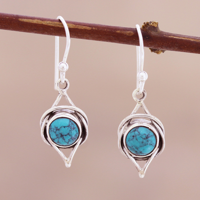 Sterling silver dangle earrings, 'Intricate Twirl in Turquoise' - Sterling Silver Earrings with Reconstituted Turquoise