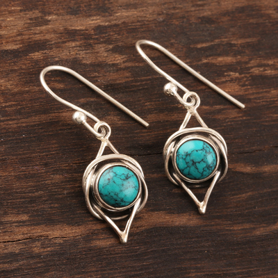 Sterling silver dangle earrings, 'Intricate Twirl in Turquoise' - Sterling Silver Earrings with Reconstituted Turquoise