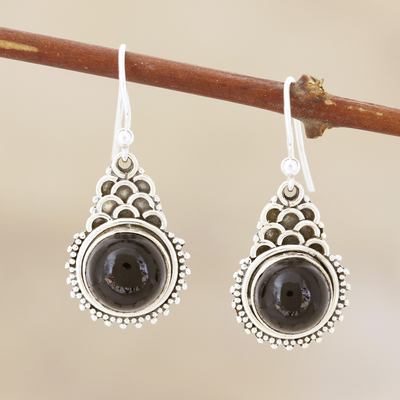 Onyx dangle earrings, 'Scales of the Sea' - Black Onyx Earrings Set in Sterling Silver