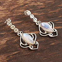Rainbow moonstone dangle earrings, 'Rain Goddess' - Handmade Rainbow Moonstone Dangle Earrings