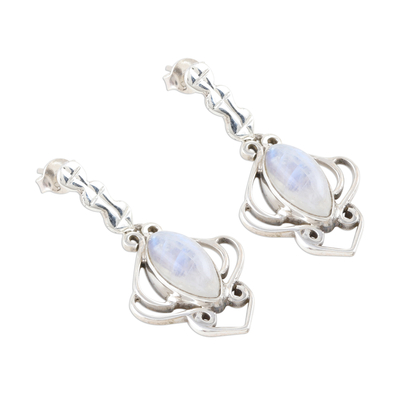Rainbow moonstone dangle earrings, 'Rain Goddess' - Handmade Rainbow Moonstone Dangle Earrings