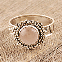 Rose quartz cocktail ring, 'Inner Love' - Flower Motif Rose Quartz Oxidized Sterling Silver Ring