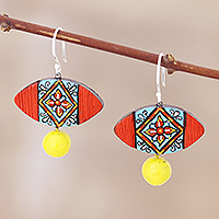 Ceramic dangle earrings, 'Floral Eye' - Double Fired Terracotta Clay Earrings with Floral Motif
