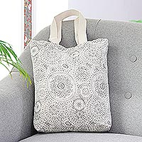 Cotton canvas tote, 'Spherical Creativity' - Black and White Cotton Canvas Tote with Magnetic Snap