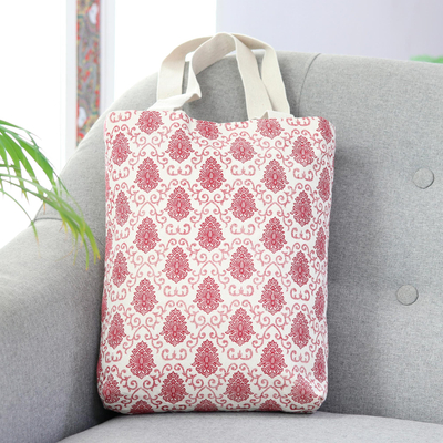 Cotton canvas tote, 'Floral Frame' - Cotton Canvas Screen Printed Tote with Magnetic Snap Closure
