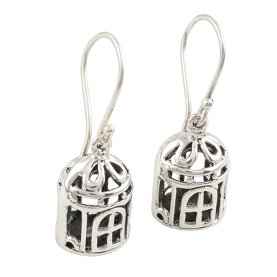 Sterling silver dangle earrings, 'Cagey Birds' - Charming Sterling Silver Bird Cage Earrings