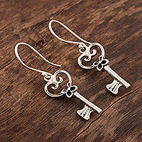 Sterling silver dangle earrings, 'Key to Your Heart' - Romantic Heart Key Sterling Silver Earrings