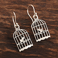 Sterling silver dangle earrings, 'Caged Bird' - Artisan Crafted Bird and Birdcage Sterling Silver Earrings