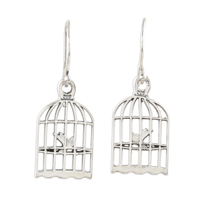 Artisan Crafted Bird and Birdcage Sterling Silver Earrings