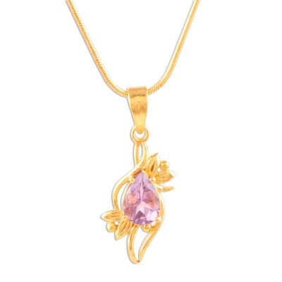 Gold plated amethyst pendant necklace, 'Bengal Blossom' - 14k Gold Plated Pendant Necklace with Amethyst