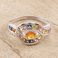 Multicolored Sapphire Cocktail Ring from India,'Rainbow Aura'
