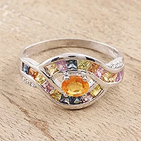 Anillo de cóctel de zafiro, 'Rainbow Aura' - Anillo de cóctel de zafiro multicolor de la India