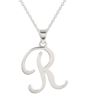 Sterling silver pendant necklace, 'Dancing R' - Artisan Crafted R Initial Necklace from India