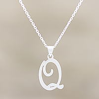 Sterling silver pendant necklace, 'Dancing Q' - Q Initial Pendant Necklace from India