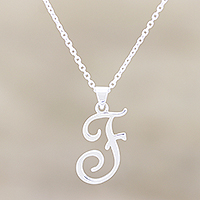 Sterling silver pendant necklace, 'Dancing F' - Artisan Crafted F Initial Necklace from India