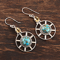 Citrine dangle earrings, 'Wheel in the Sky' - Wheel-Shaped Citrine and Composite Turquoise Earrings