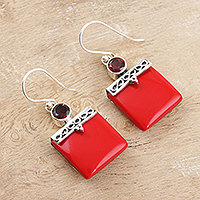 Red Calcite and Garnet Silver Dangle Earrings,'Glory in Red'