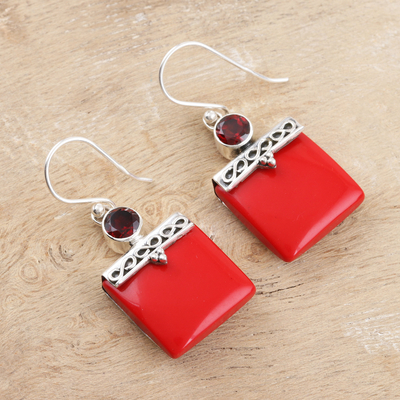 Red Calcite and Garnet Silver Dangle Earrings - Glory in Red | NOVICA