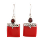 Calcite and garnet dangle earrings, 'Glory in Red' - Red Calcite and Garnet Silver Dangle Earrings