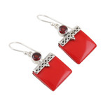Calcite and garnet dangle earrings, 'Glory in Red' - Red Calcite and Garnet Silver Dangle Earrings