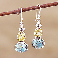Citrine dangle earrings, 'Sparkling Energy' - Composite Turquoise and Citrine Silver Dangle Earrings