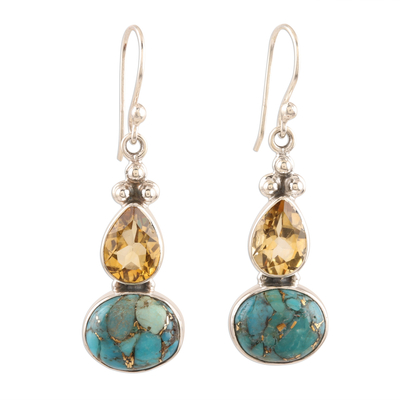 Composite Turquoise and Citrine Silver Dangle Earrings