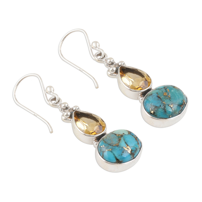 Citrine dangle earrings, 'Sparkling Energy' - Composite Turquoise and Citrine Silver Dangle Earrings