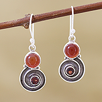Carnelian and garnet dangle earrings, 'Red Swirl' - Spiral Carnelian and Garnet Dangle Earrings