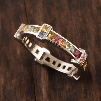 Sapphire band ring, 'Colorful Treasure' - Channel-Set Rhodium Plated Sapphire Band Ring