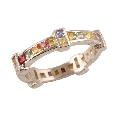 Sapphire band ring, 'Colorful Treasure' - Channel-Set Rhodium Plated Sapphire Band Ring