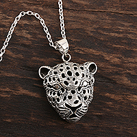Sterling silver pendant necklace, 'Jaguar Gaze' - Jaguar Pendant Necklace in Sterling Silver