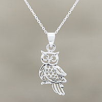 Sterling silver pendant necklace, 'Jali Owl' - Owl Pendant Necklace Handmade in India