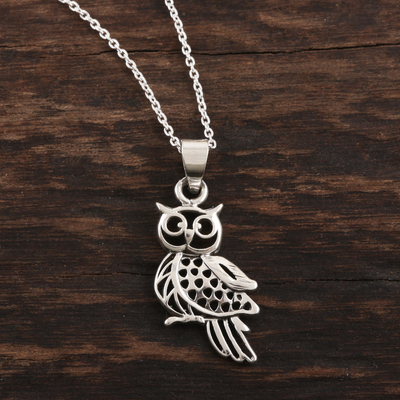 Sterling silver pendant necklace, 'Jali Owl' - Owl Pendant Necklace Handmade in India