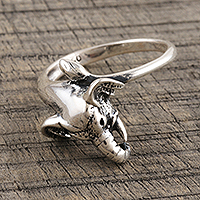 Sterling silver band ring, 'Elephant Embrace' - Elephant Head Band Ring from India
