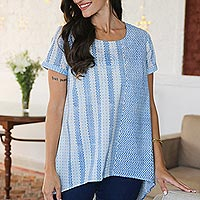 Block Printed White Cotton Top with Light Blue Stripe Detail,'Waves of Blue'