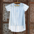 Block-printed cotton top, 'Waves of Blue' - Block Printed White Cotton Top with Light Blue Stripe Detail (image 2b) thumbail