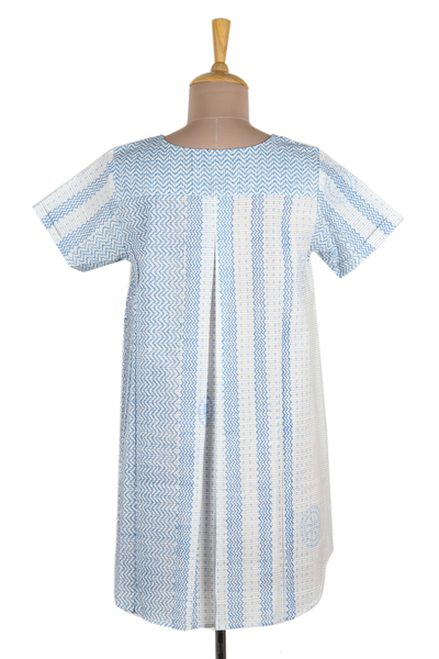 Block-printed cotton top, 'Waves of Blue' - Block Printed White Cotton Top with Light Blue Stripe Detail