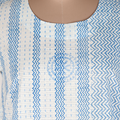 Block-printed cotton top, 'Waves of Blue' - Block Printed White Cotton Top with Light Blue Stripe Detail