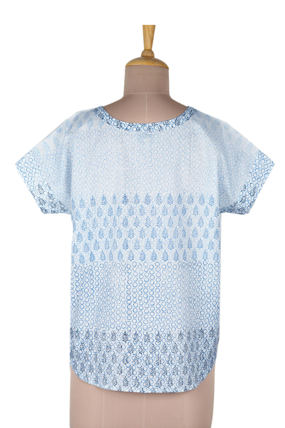 Cotton block-printed tunic, 'Summer Dreams' - White Cotton Block Printed Top with Black and Blue Accents