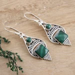 Malachite dangle earrings, 'Green Ocean' - Malachite Cabochon and Sterling Silver Dangle Earrings