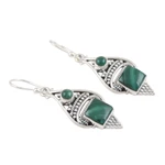 Malachite dangle earrings, 'Green Ocean' - Malachite Cabochon and Sterling Silver Dangle Earrings